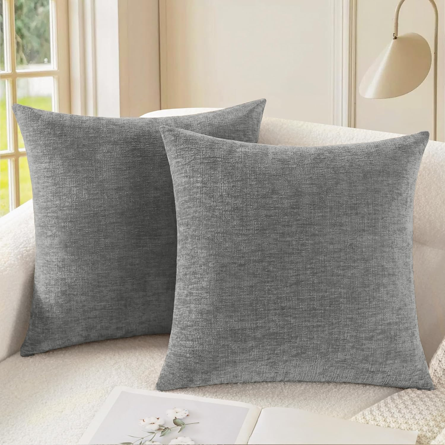 CaliTime Throw Pillow Covers Decorative 24 X 24 Inches Pack of 2 Cozy Chenille Cushion Cases for Couch Sofa Bed Living Room Home Medium Grey