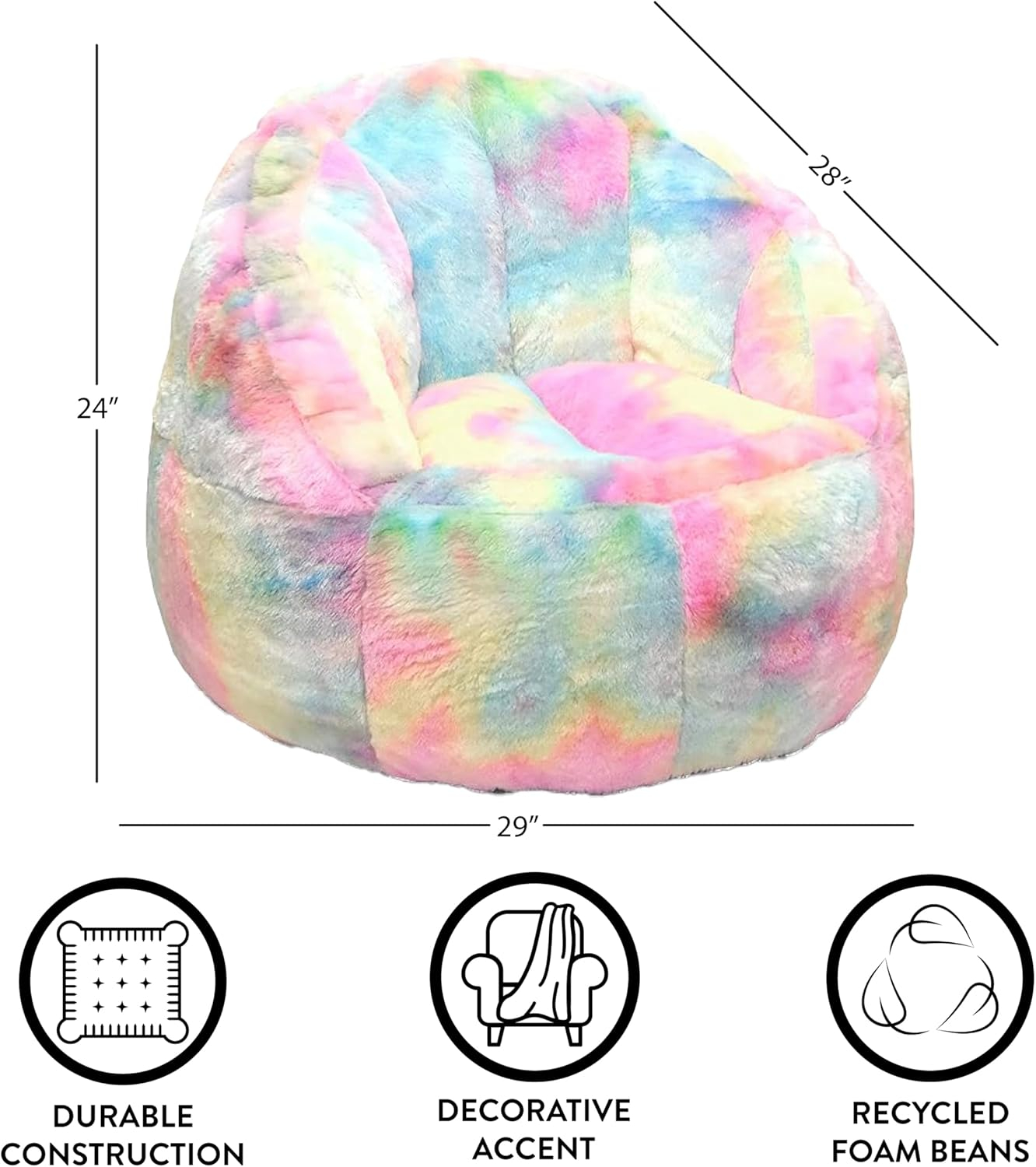 Heritage Kids Sorbet Dreams Large Rainbow Fur Kids Bean Bag Chair Soft Plush Comfortable Playroom Bedroom Seating Cushion Lounger Children Teenager Gaming Chair Multicolor