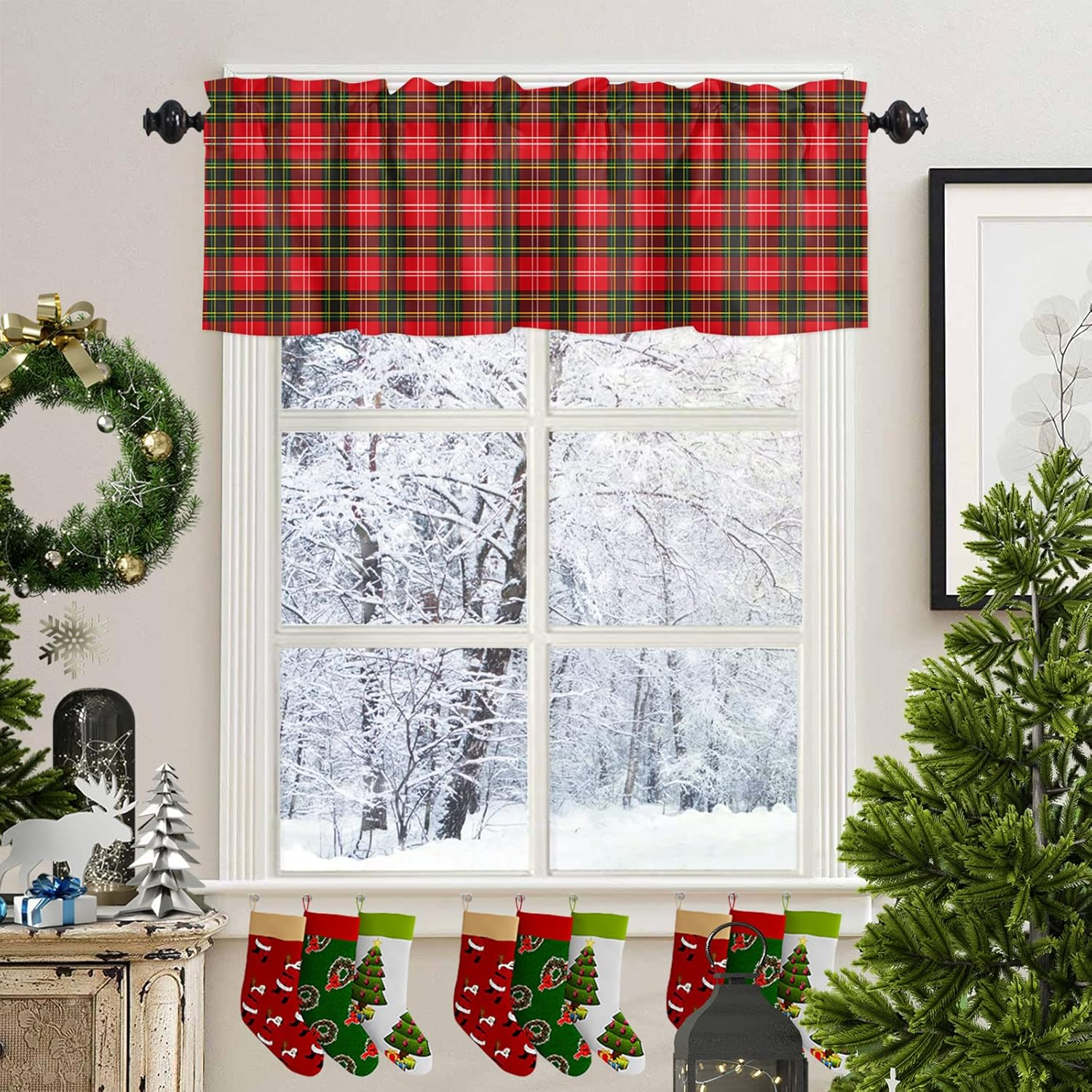 Classic Tartan Valance Christmas Red and Green Buffalo Plaid Window Valance,Rod Pocket Panel for Kitchen Bedroom Windows,Grid Valances Short Curtain Bathroom Treatment Drapes