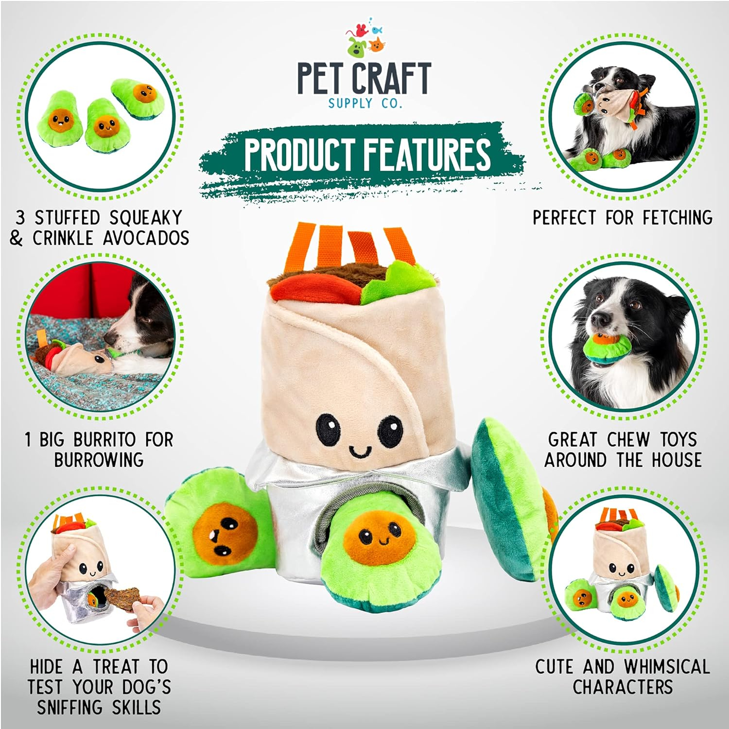 Pet Craft Hide 'n Seek Plush Dog Toy Crinkle Squeaky Interactive Toy for Small Medium Dogs, Burrito