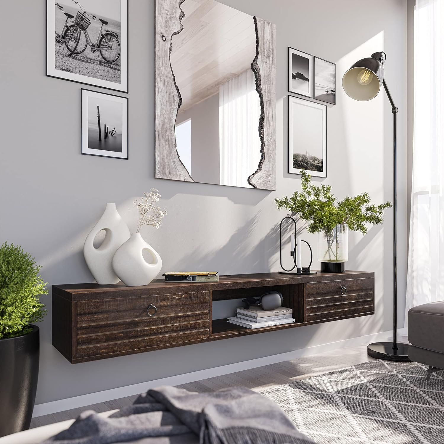 BELLEZE Modern Floating Wall Mounted 63 Inch TV Console With Built-In Shelf & Compartments, Space Saving Decorative Contemporary Media Storage, For Up To 100lbs - Langston (Espresso)