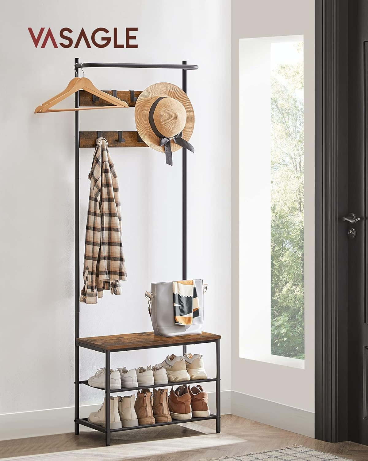 VASAGLE Hall Tree with Bench and Shoe Storage, Entryway Bench with Coat Rack Stand and Shoe Rack, 9 Movable Hooks, Top Bar, Fabric Shelves, Industrial, Rustic Brown and Black UHSR411B01