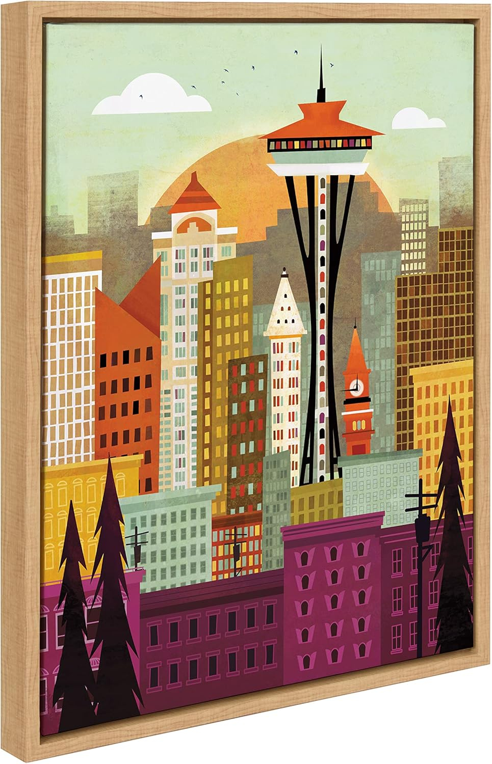 Kate and Laurel Sylvie Seattle Skyline Framed Canvas Wall Art by Amber Leaders Designs, 18x24 Natural, Fun Illustrated City Skyline Art for Wall