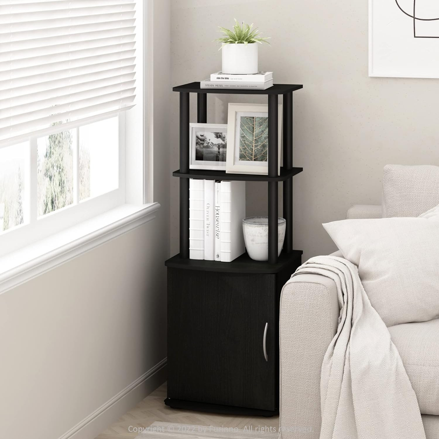 Furinno Turn-N-Tube Tall TV Entertainment Side Table Display Rack with Storage Cabinet, 2-Tier, Blackwood/Black