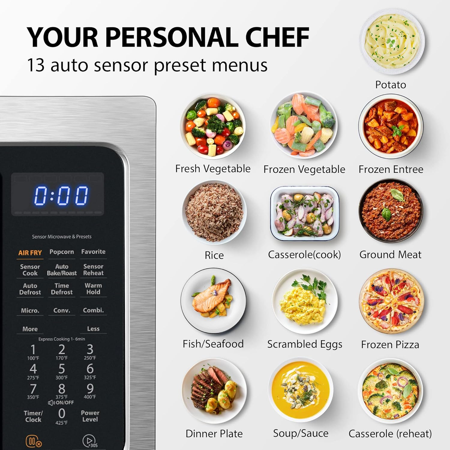 Toshiba Air Fryer Combo 4-in-1 Countertop Microwave Oven, Smart Sensor, Convection, Mute Function, Position Memory 13.6" Turntable, 1.5 Cu Ft, 1000W, Silver, ML-EC42P(SS)