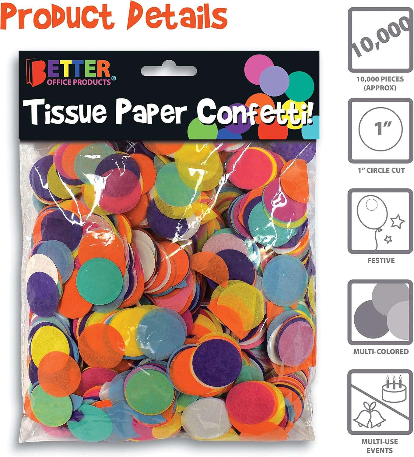 Tissue Paper Confetti, 1 Inch Circles, 10,000 Pieces, 3.5 Ounces, Multicolor Rainbow Confetti Dots, 8 Fun & Complementing Colors, by Better Office Products