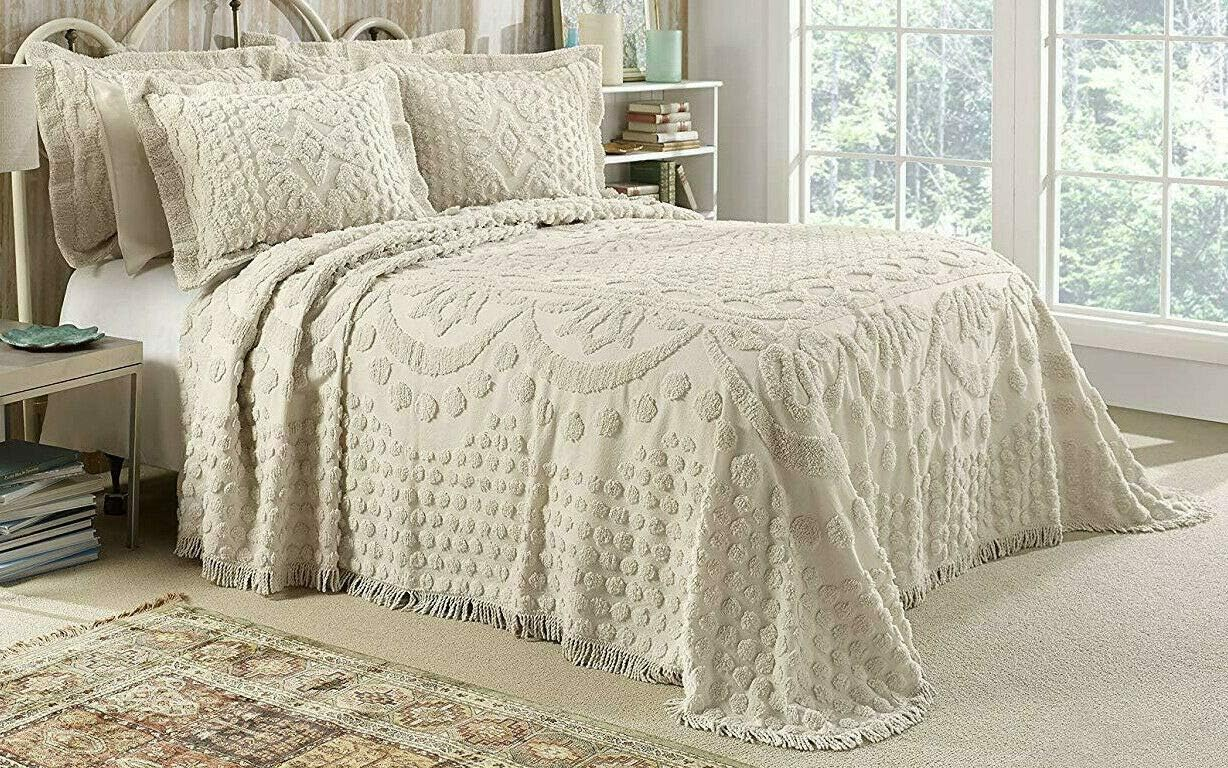 Kingston Chenille Tufted Bedspread And Pillow Sham Set, All Cotton, King Size, Beige