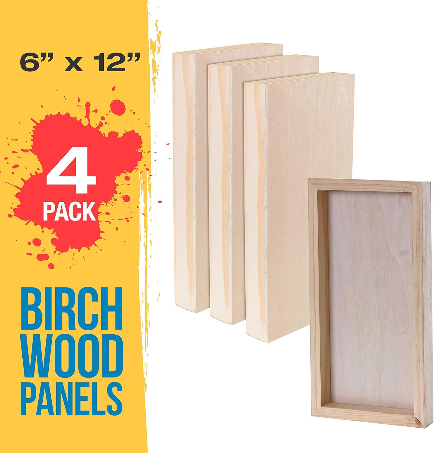 U.S. Art Supply 6" x 12" Unfinished Cradled Wood Panels for Painting, Gallery 1-1/2" Deep (4 Pack) - Artist Depth Wooden Wall Canvases - Mixed-Media Craft, Acrylic, Oil, Encaustic, Paint Pouring