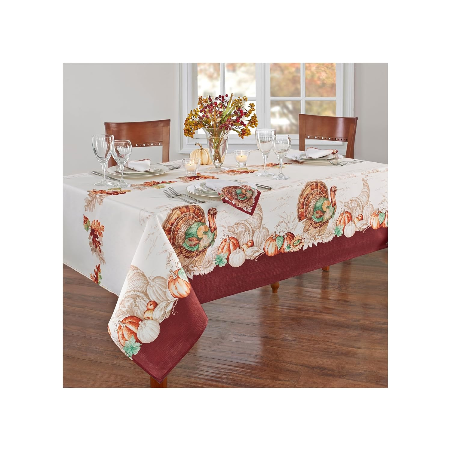 Elrene Home Fashions Holiday Turkey Bordered Fall Wrinkle Resistant Tablecloth, Seasonal Dining-Table Cover, 52" x 52" Square