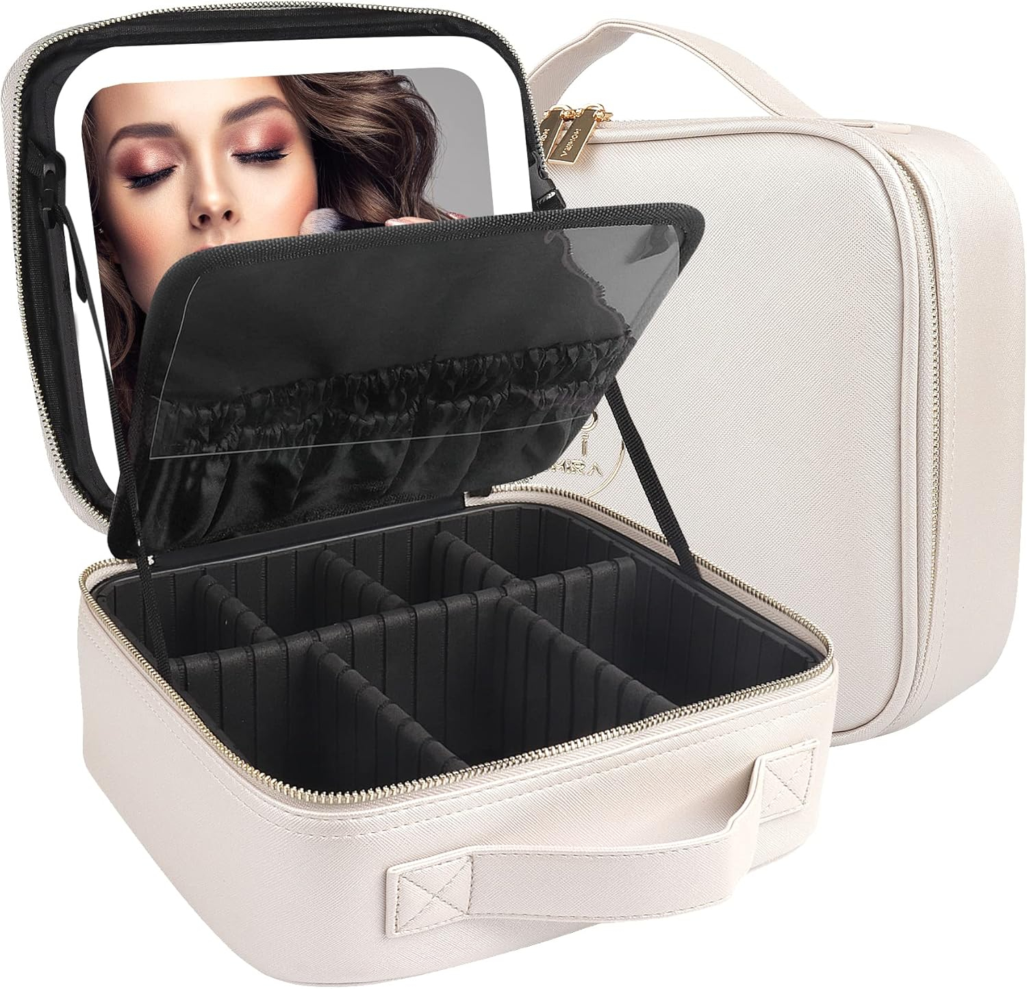 MOMIRA Makeup Bag with Mirror and Light Travel Makeup Train Case Cosmetic Bag Organizer Portable Artist Storage Bag with Adjustable Dividers Makeup Brushes Storage Organizer Brilliant Creamy White