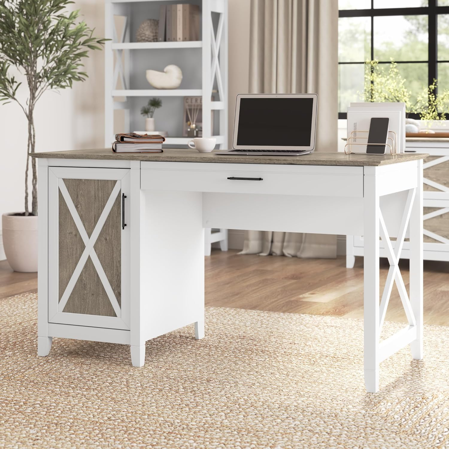 Bush Furniture Key West 54" Computer Desk with Storage, Pure White & Shiplap Gray