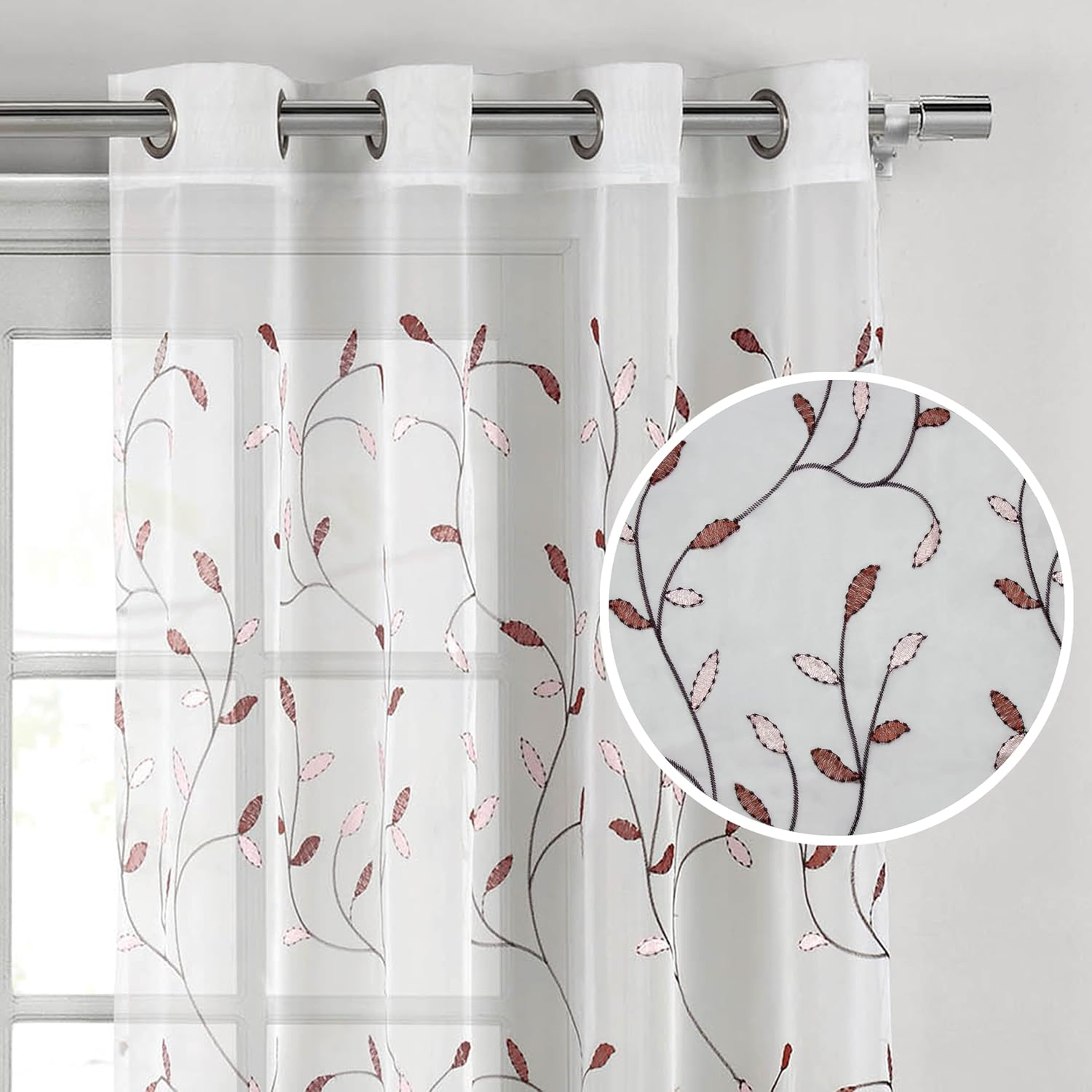 Grommet Curtain Panel, Embroidered Sheer Extra-Wide, Red 54" x 84"