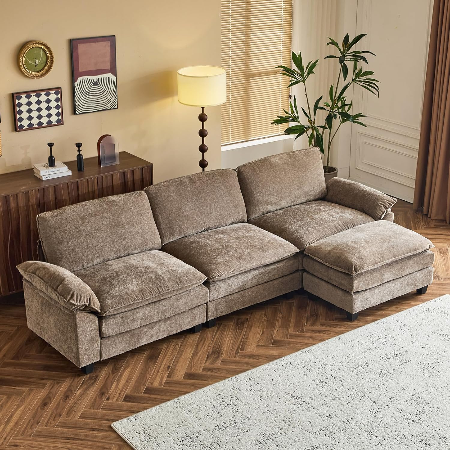 Karl home Sectional Sofa Modular Deep Seat Sofa Couch with Ottoman, Chenille Sofa Sleeper Comfy Upholstered Furniture for Living Room, Apartment, Studio, Office, (3-Seat & 1-Ottoman, Light Brown)
