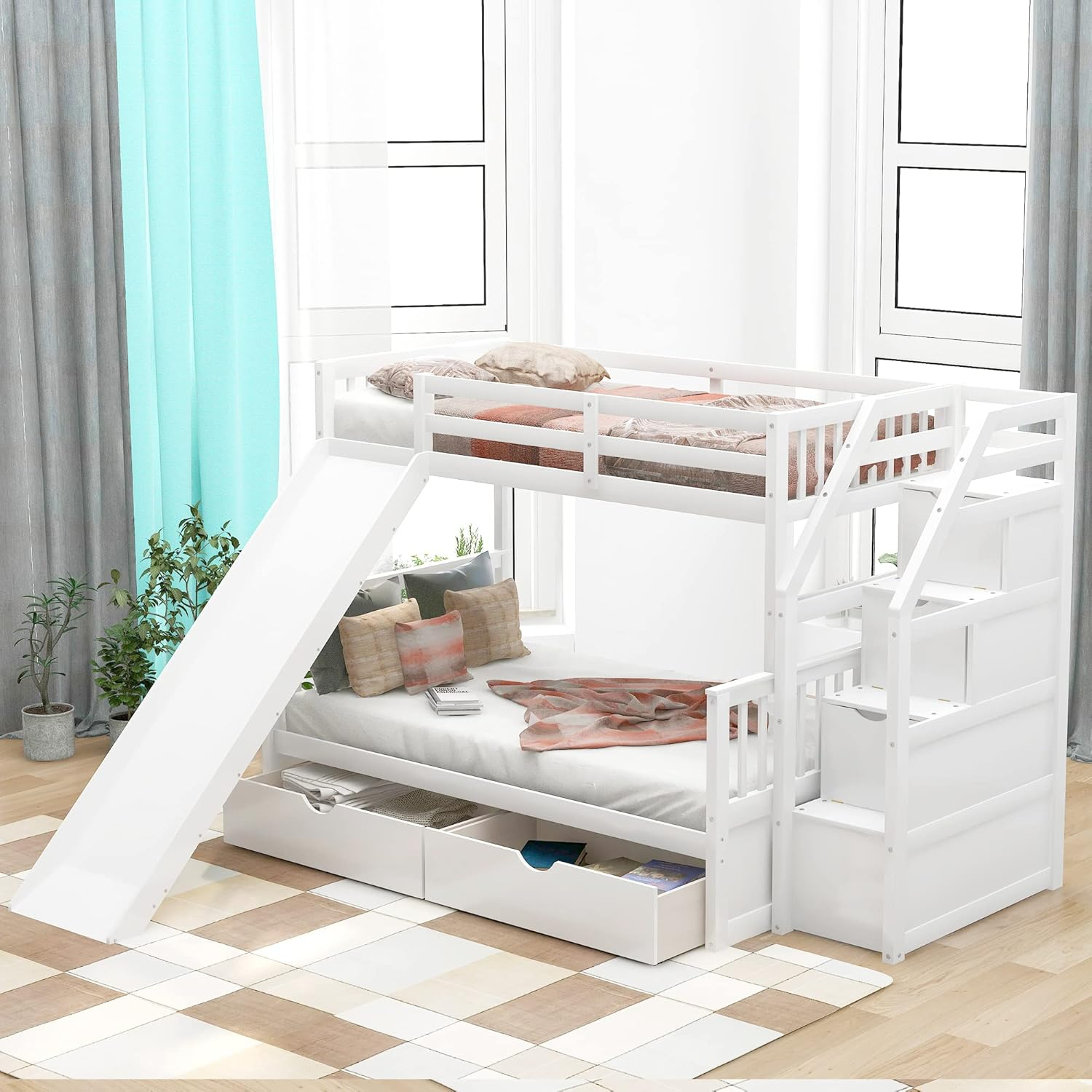 Twin Over Full Bunk Bed with Stairs and Slide, Solid Wood Bunk Bed Frame with Storage Drawers for Kids Girls Boys (White)
