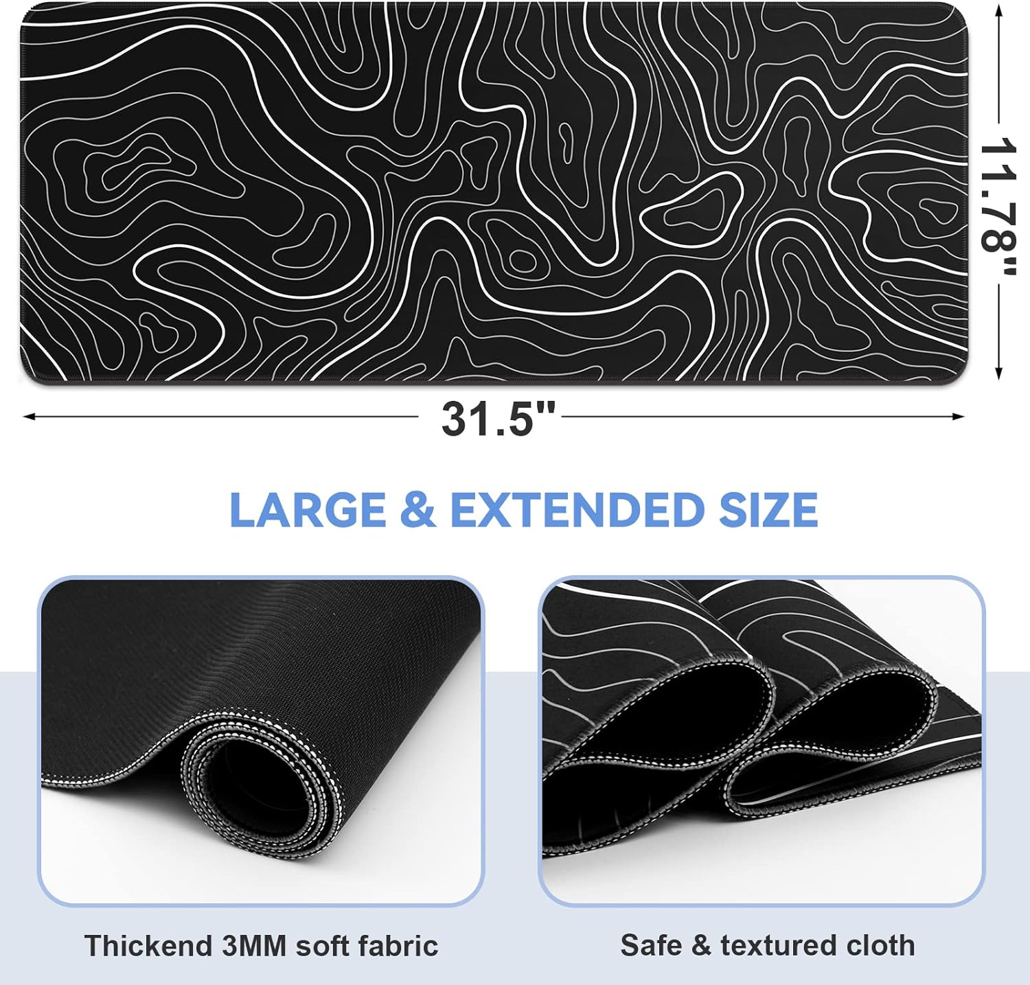 Mouse Pad Gaming Mousepad 31.5 x 11.8in Large Mouse Pad for Keyboard and Mouse with Anti-Slip Rubber Base, Keyboard Pad XL Mouse Mat for Home and Office（Black with White Topographic Line）
