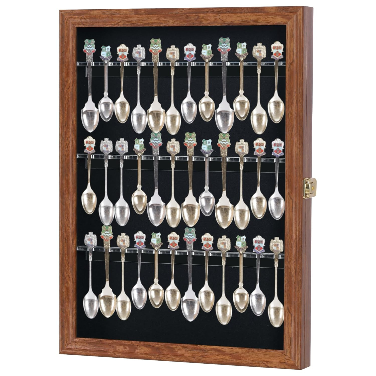 Walnut Finish Solid Wood Spoon Display Case with Glass Door