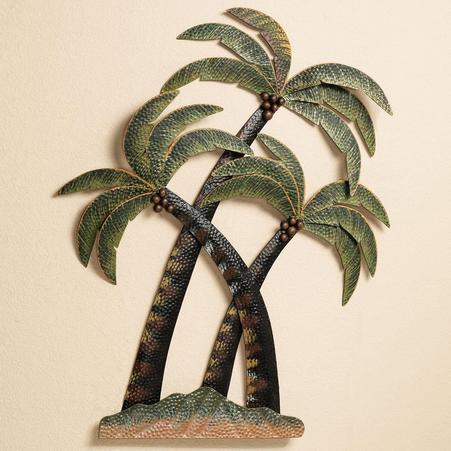 Handpainted Green and Brown Metal Palm Tree Wall Sculpture