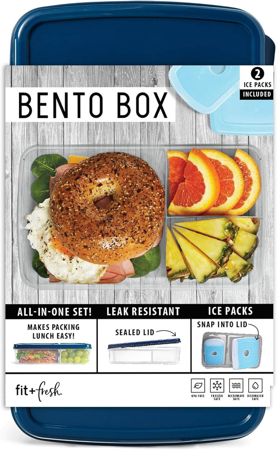 L.O.T.G. Three-Compartment BPA-Free Plastic Lunch Box with 2 Slim Ice Packs