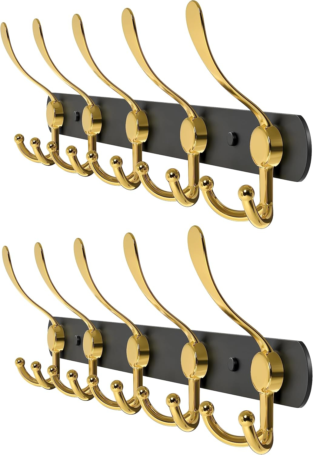 Black and Gold Coat Rack Wall Mounted - 16 Inch Heavy Duty Stainless Steel Matte Finish Wall Hook Rack - 5 Tri Coat Hooks for Hanging Towels, Bags, Hat - Bathroom Entryway - 2 Pack