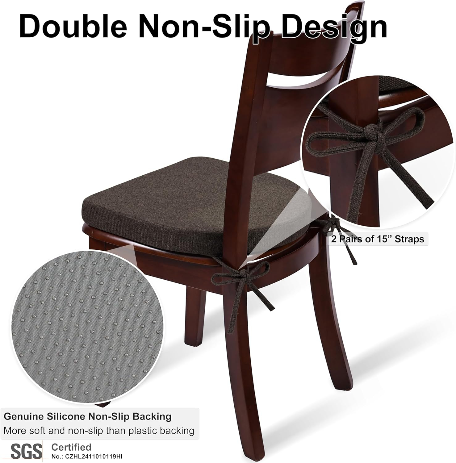 Shinnwa Kitchen Chair Cushions Set of 4, Non-Slip Dining Chair Cushions with Ties and Machine Washable Cover, 4 Pack, 17 x 16.5 x 2in, Dark Brown