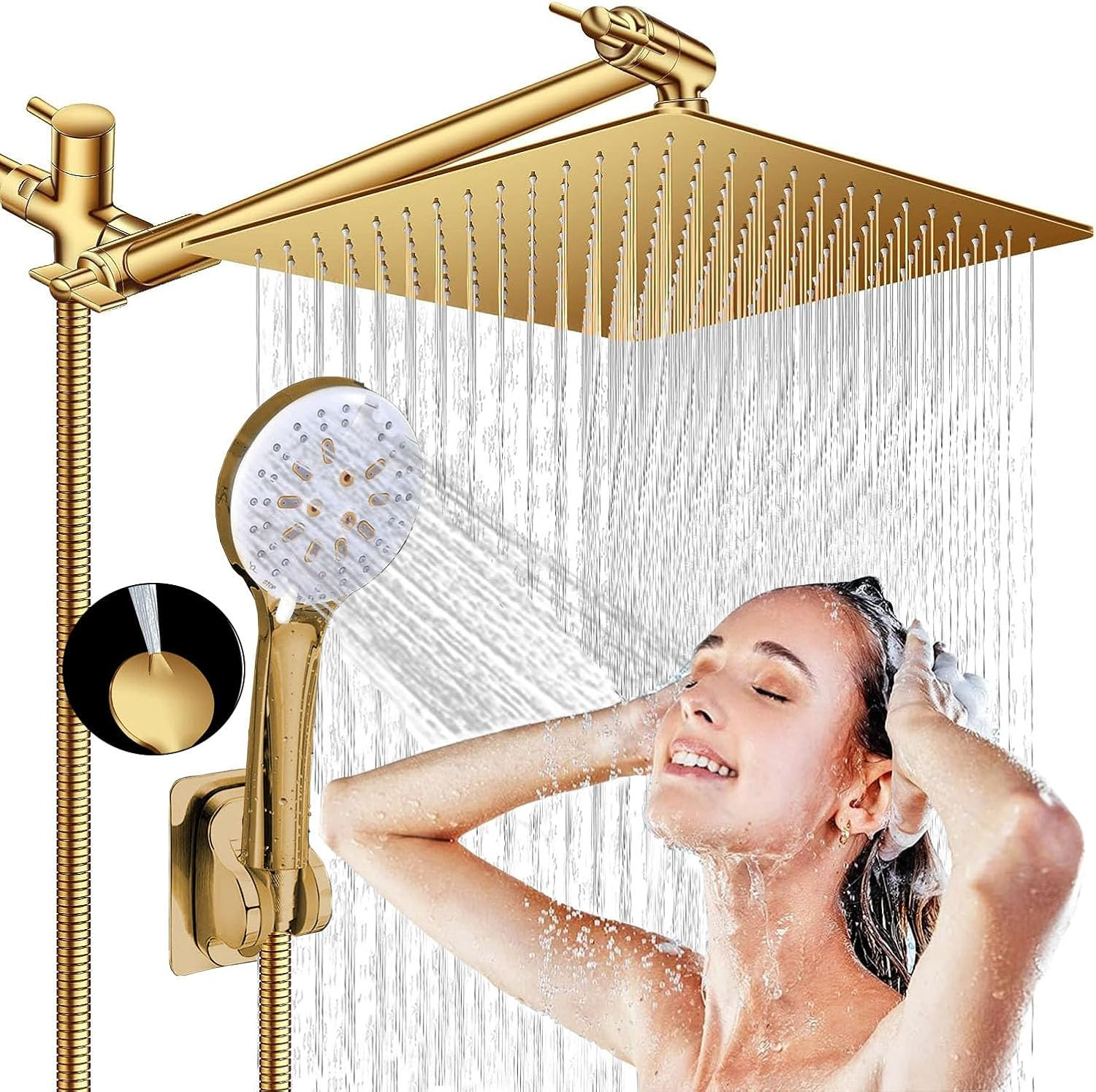 Shower Head, 10" High Pressure Rain shower head with Handheld Spray Combo, 6 Settings Handheld with 78" Anti-leak Hose, 11" Adjustable Extension Arm, Ultra Thin Water Saving, Gold, AWAXFOLO