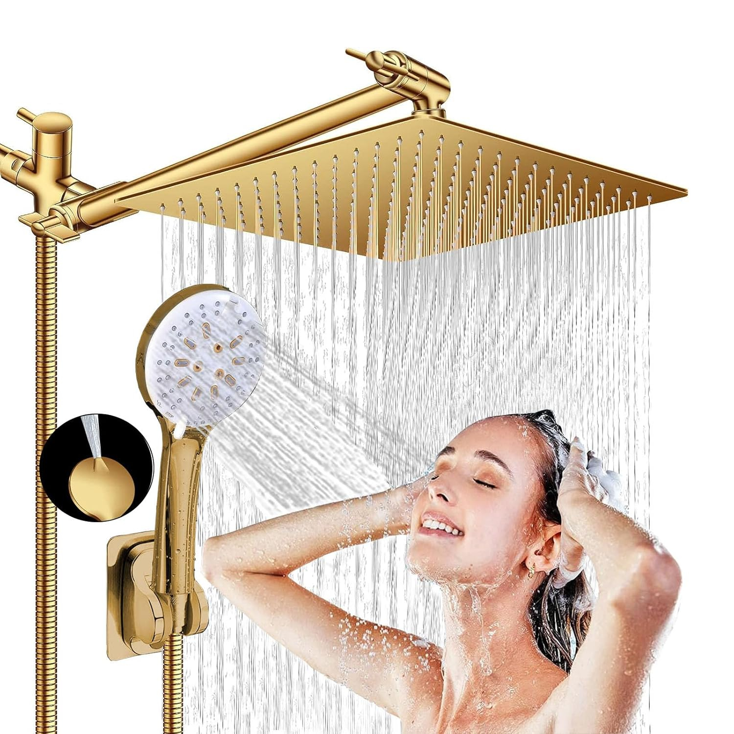 Shower Head, 10" High Pressure Rain shower head with Handheld Spray Combo, 6 Settings Handheld with 78" Anti-leak Hose, 11" Adjustable Extension Arm, Ultra Thin Water Saving, Gold, AWAXFOLO