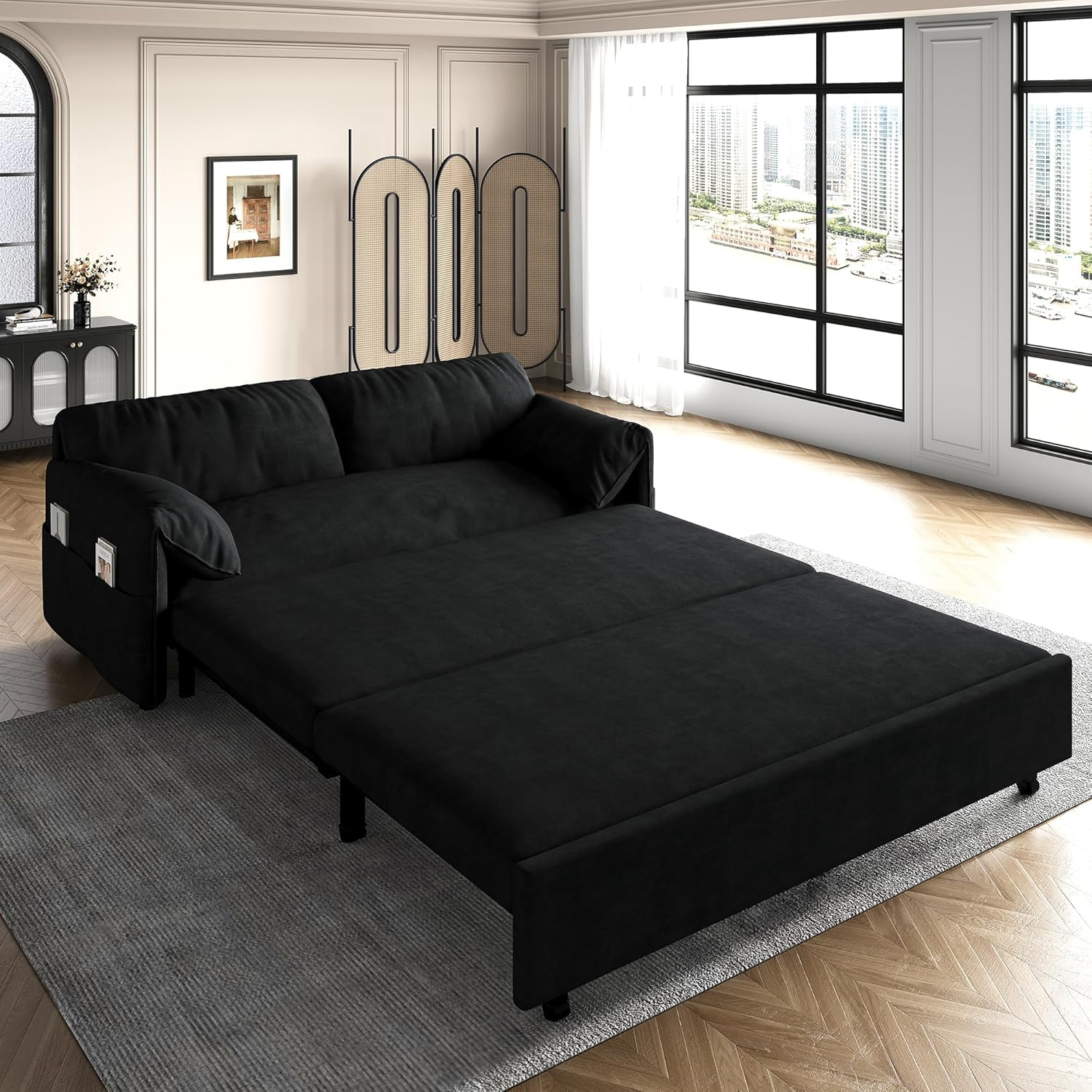 Tabaray 63.8" Futon Sofa Bed Queen Size, Pull Out Bed, 3-in-1 Convertible Sleeper Sofa with Side Pocket, Modern Plush Velvet Futon Couch for Living Room, Small Space, Apartment, Bedroom, Black