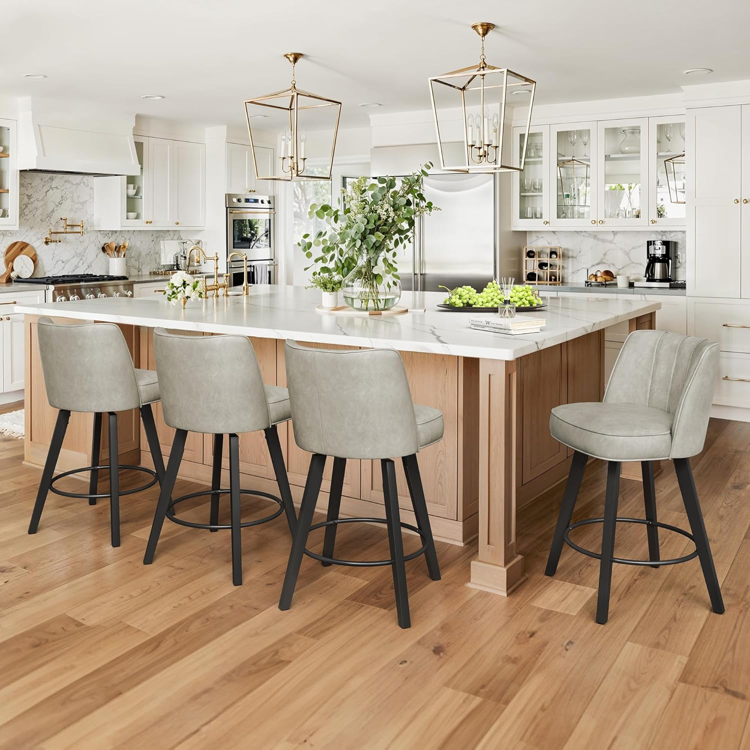 LUE BONA 360-degree Swivel Bar Stools Set of 3, 26" Counter Height Bar Stools with High Back and Wood Legs, Morden Faux Leather Upholstered Barstools for Kitchen Counter