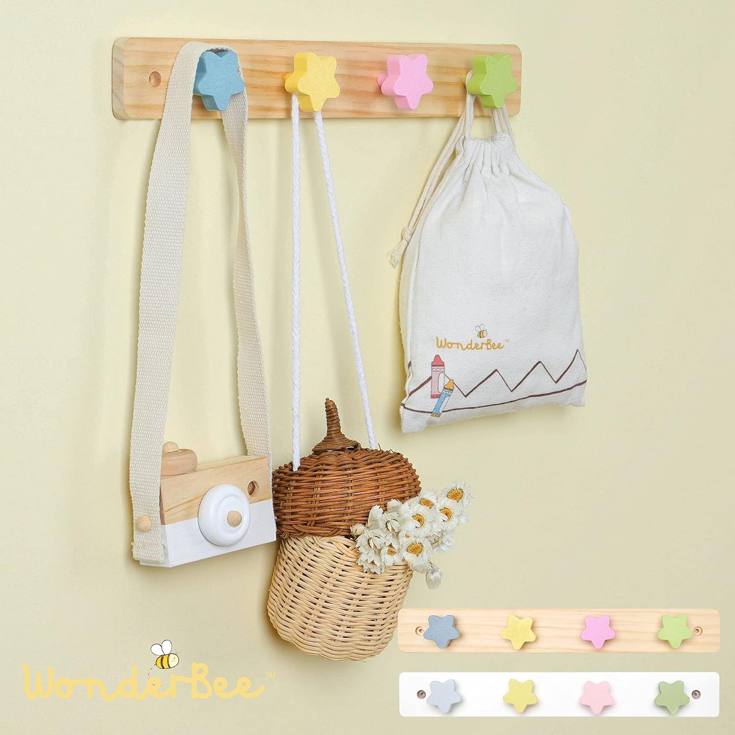 Natural Pine Star Shaped Kids Coat Rack with Colorful Hooks