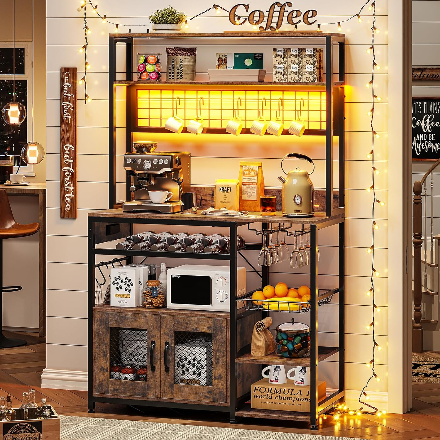 Monvane Kitchen Baker's Rack with Drawer Storage Shelf Microwave Cart Oven Stand Coffee Bar,Brown