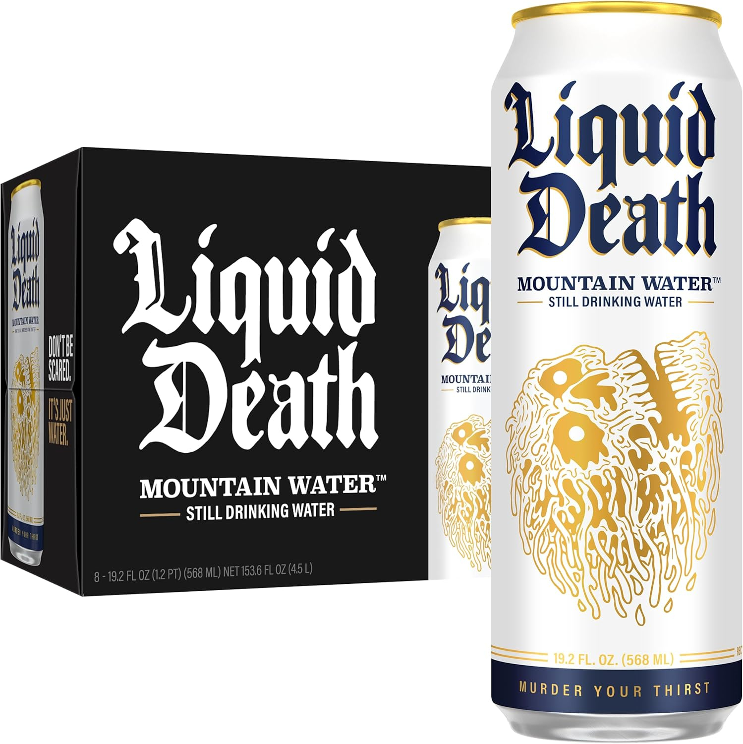 Liquid Death, Still Mountain Water, 8-Pack (19.2oz Cans), Real Mountain Source, Infinitely Recyclable Cans