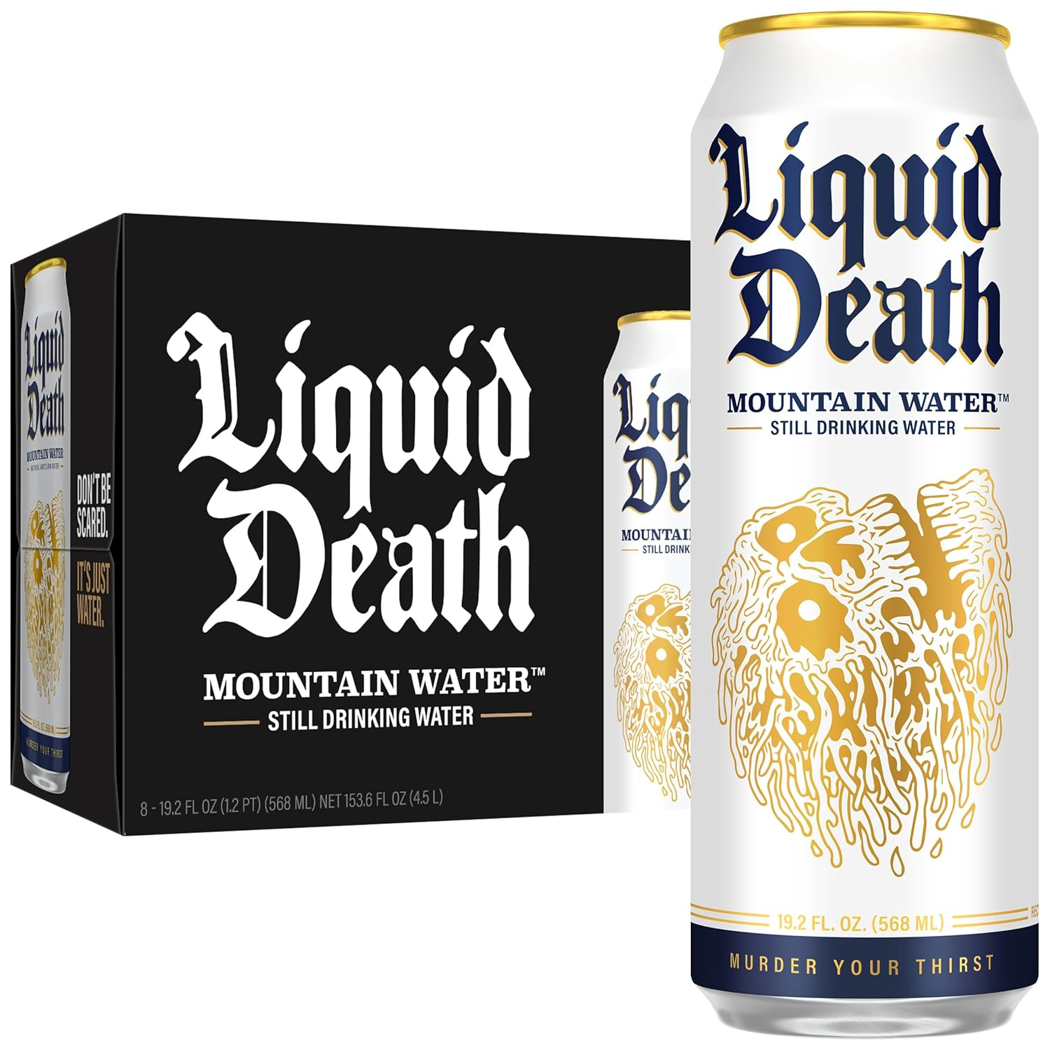 Liquid Death, Still Mountain Water, 8-Pack (19.2oz Cans), Real Mountain Source, Infinitely Recyclable Cans