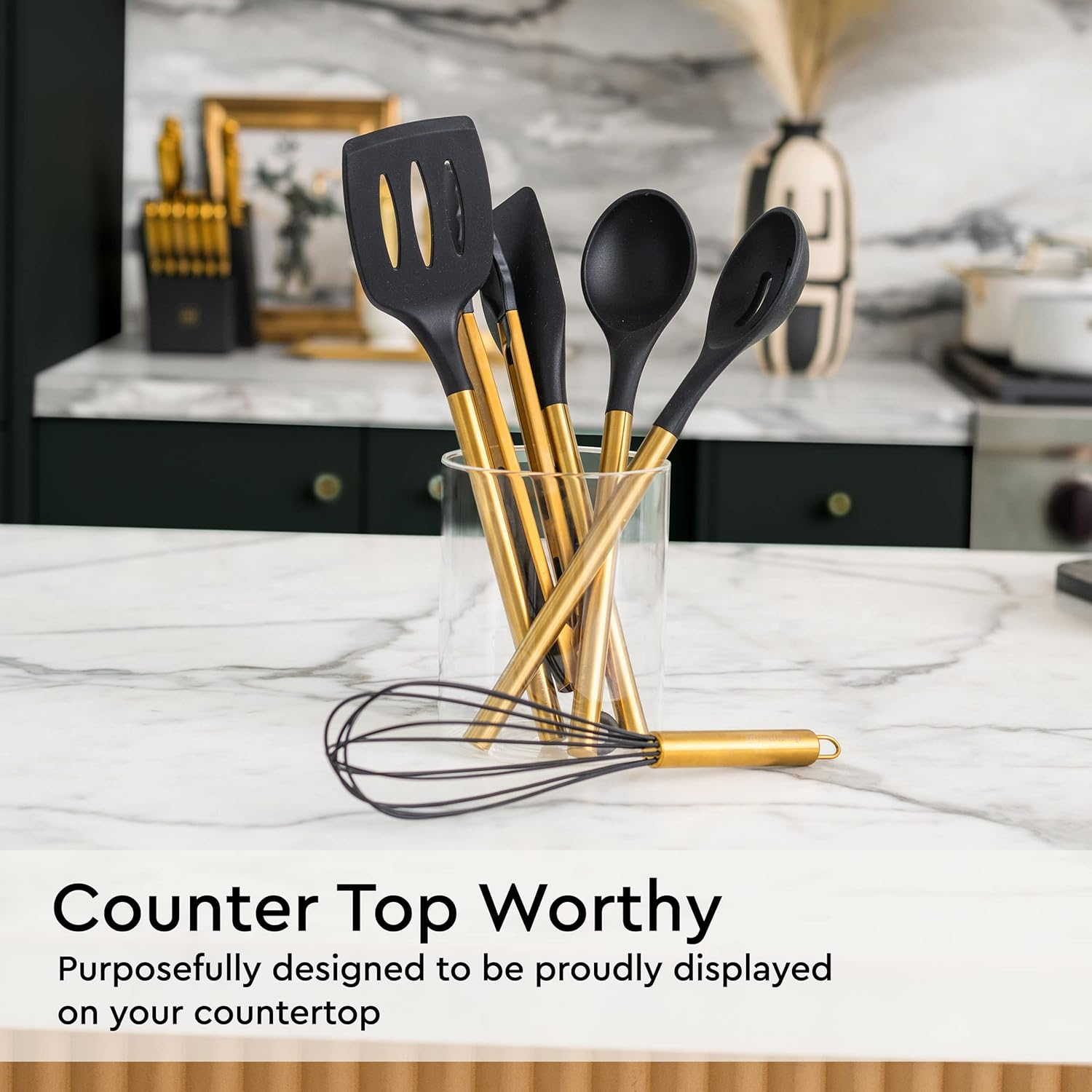 Black and Gold Kitchen Utensils Set 6PC Black Silicone Utensils Set Includes: Gold Tongs, Gold Whisk, Gold Serving Spoon, Gold Spatula & Turner-Black and Gold Kitchen Accessories & Gold Kitchen Decor