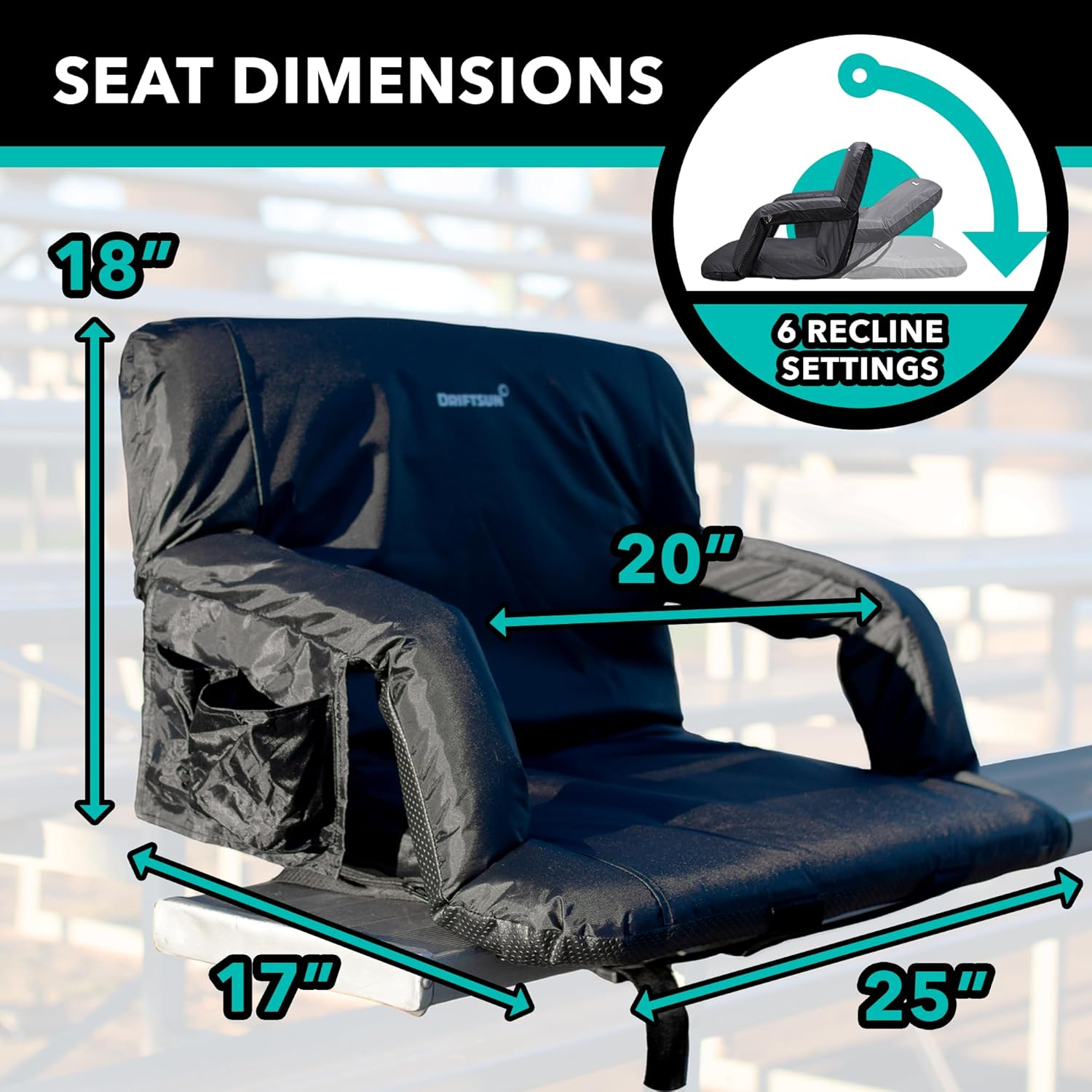 Driftsun 2 Pack Extra Wide Stadium Seats with Back Support - Deluxe Foldable Stadium Chairs for Bleachers - Folding Waterproof Sport Chair - Easy to Transport
