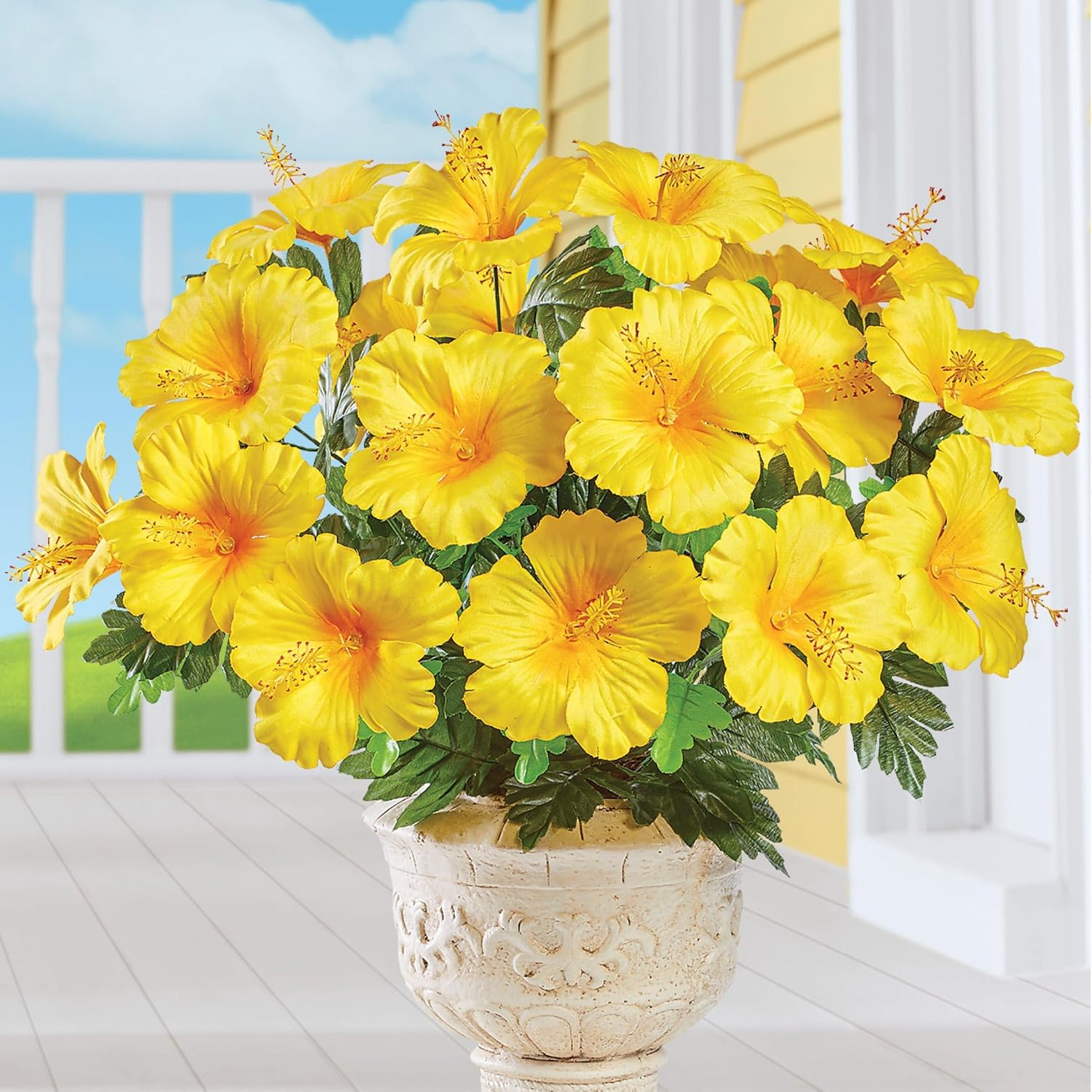 Collections Etc Bright Tropical Faux Hibiscus Bushes - Set of 3, Outdoor or Indoor Decorative Accent