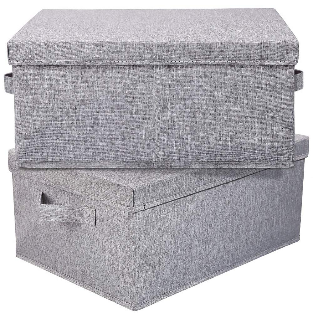 HOONEX Linen Foldable Storage Bins with Lids, 2 Pack, Storage Boxes with Carrying Handles and Sturdy Heavy Cardboard, 16.5" L x 11.8" W x 7.5" H for Shoes, Books, Clothes, Light Grey