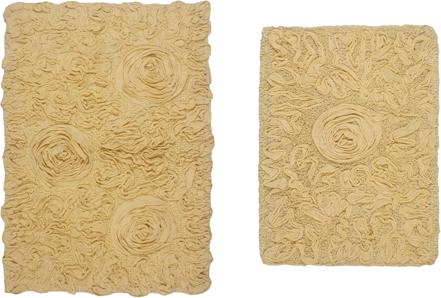 Yellow Cotton Tufted Bath Rug Set with Floral Design