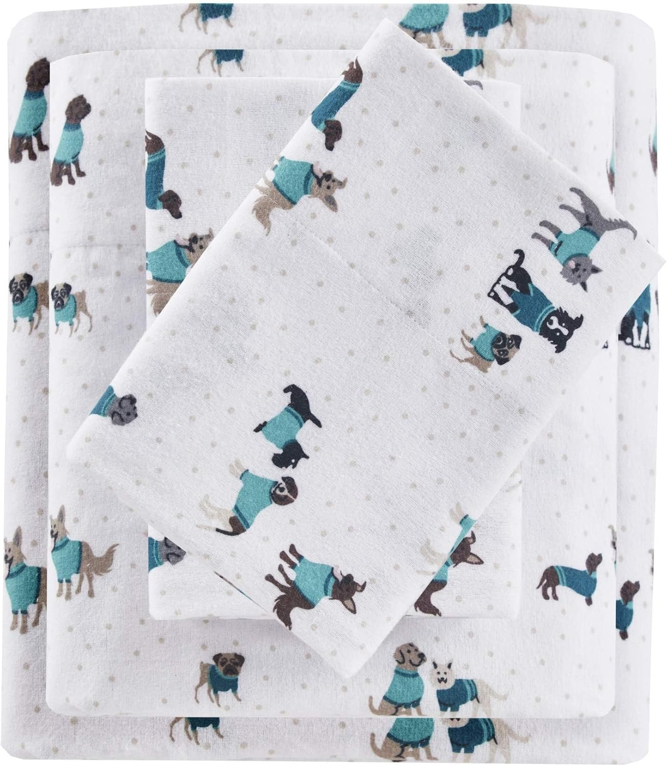 Intelligent Design Cozy Soft 100% Cotton Flannel Print Animals Stars Cute Warm, Ultra Soft Cold Weather Sheet Set Bedding, Full, Teal Dogs 4 Piece