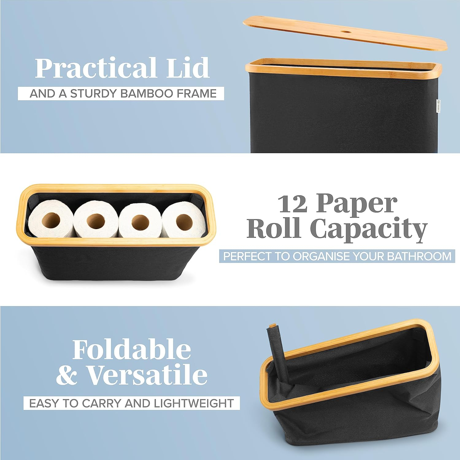 LONBET Toilet Paper Storage for 12 Rolls, Stackable & Foldable - The Ultimate Bathroom Organizer - Waterproof Basket with Bamboo Lid - Elegant Toilet Paper Storage Holder, Black
