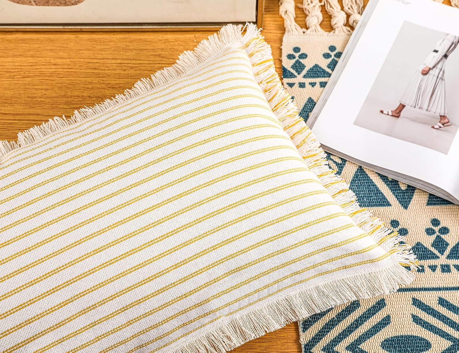 PANOD Decorative Boho Long Lumbar Pillow Cover 14x22,Super Soft Cotton Modern Long Rectangle Pillow Cover Pillow Case for Bed Sofa Couch Farmhouse Livingroom,Yellow