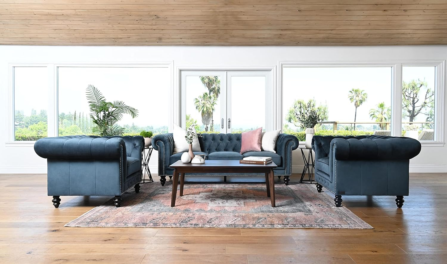 Elegant Navy Blue Velvet Chesterfield Loveseat with Silver Nailhead Accents