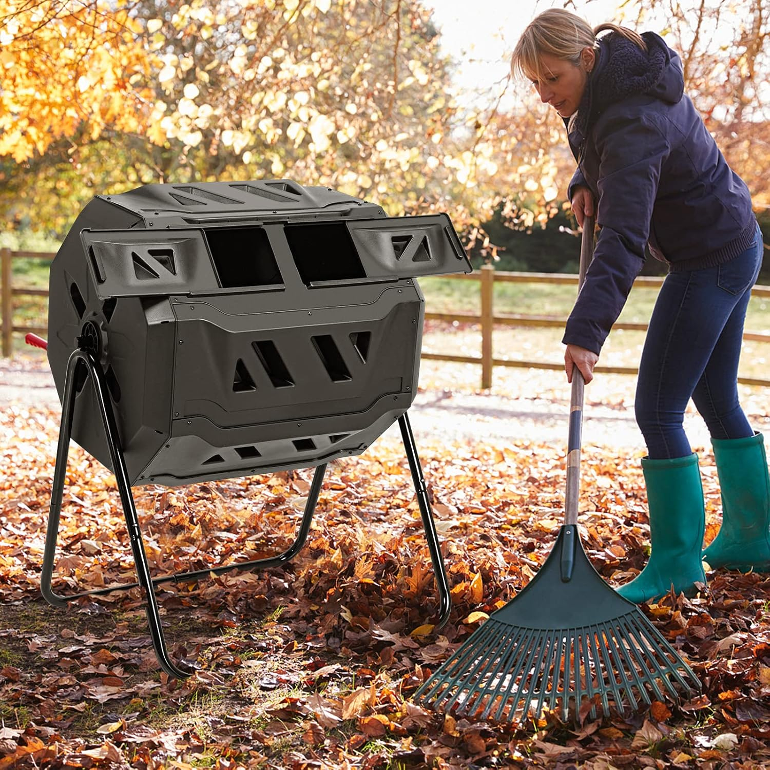 HomGarden Composting Tumbler 43gal Composter Bin W/ Dual Chamber BPA Free Black