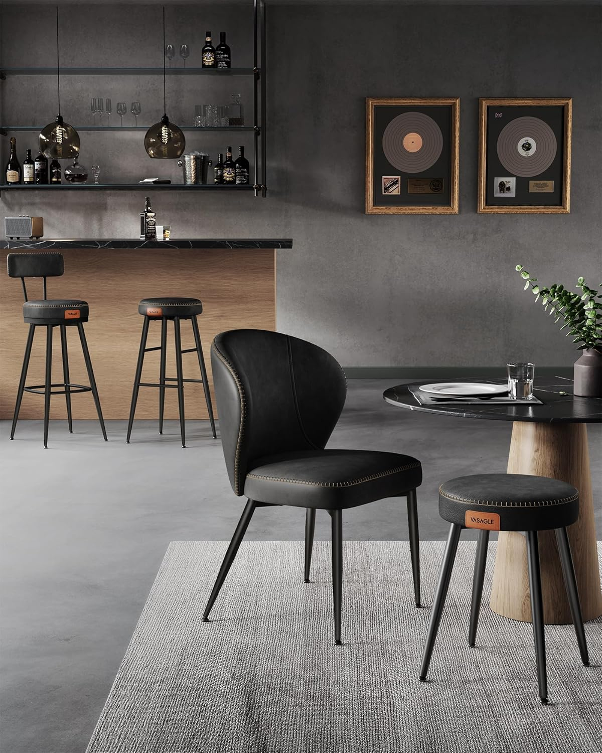 VASAGLE EKHO Collection - Bar Stools Set of 2, Swivel Bar Height Bar Stools with Back, Synthetic Leather with Stitching, Mid-Century Modern, 30-Inch Tall Barstools for Kitchen Home Bar, Ink Black