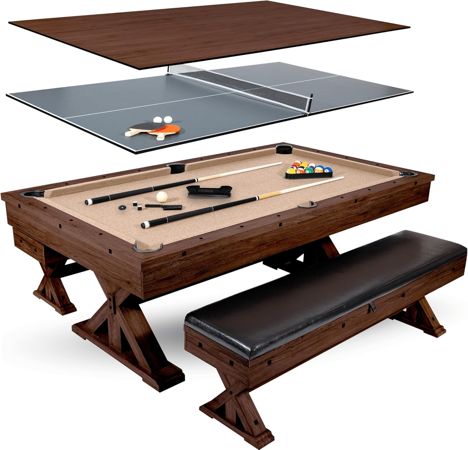 Freetime Fun 7 ft 3 in 1 Multi Game Table, Dining Top Pool and Ping Pong Table Combo with Benches