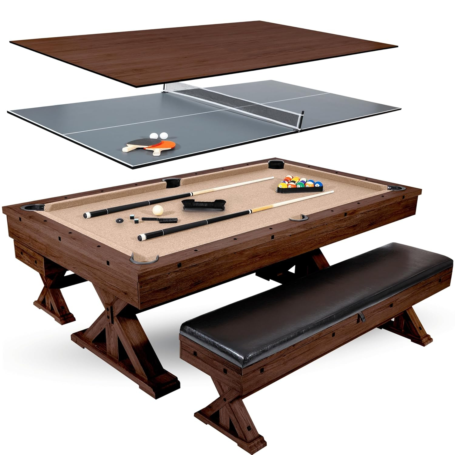 Freetime Fun 7 ft 3 in 1 Multi Game Table, Dining Top Pool and Ping Pong Table Combo with Benches