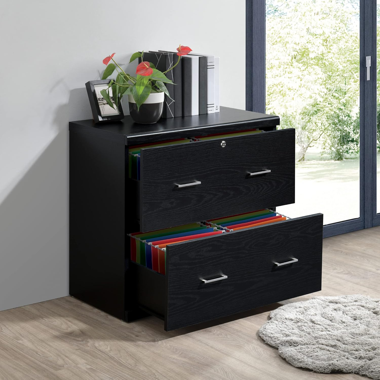 Black Engineered Wood 2-Drawer Lockable Lateral File Cabinet