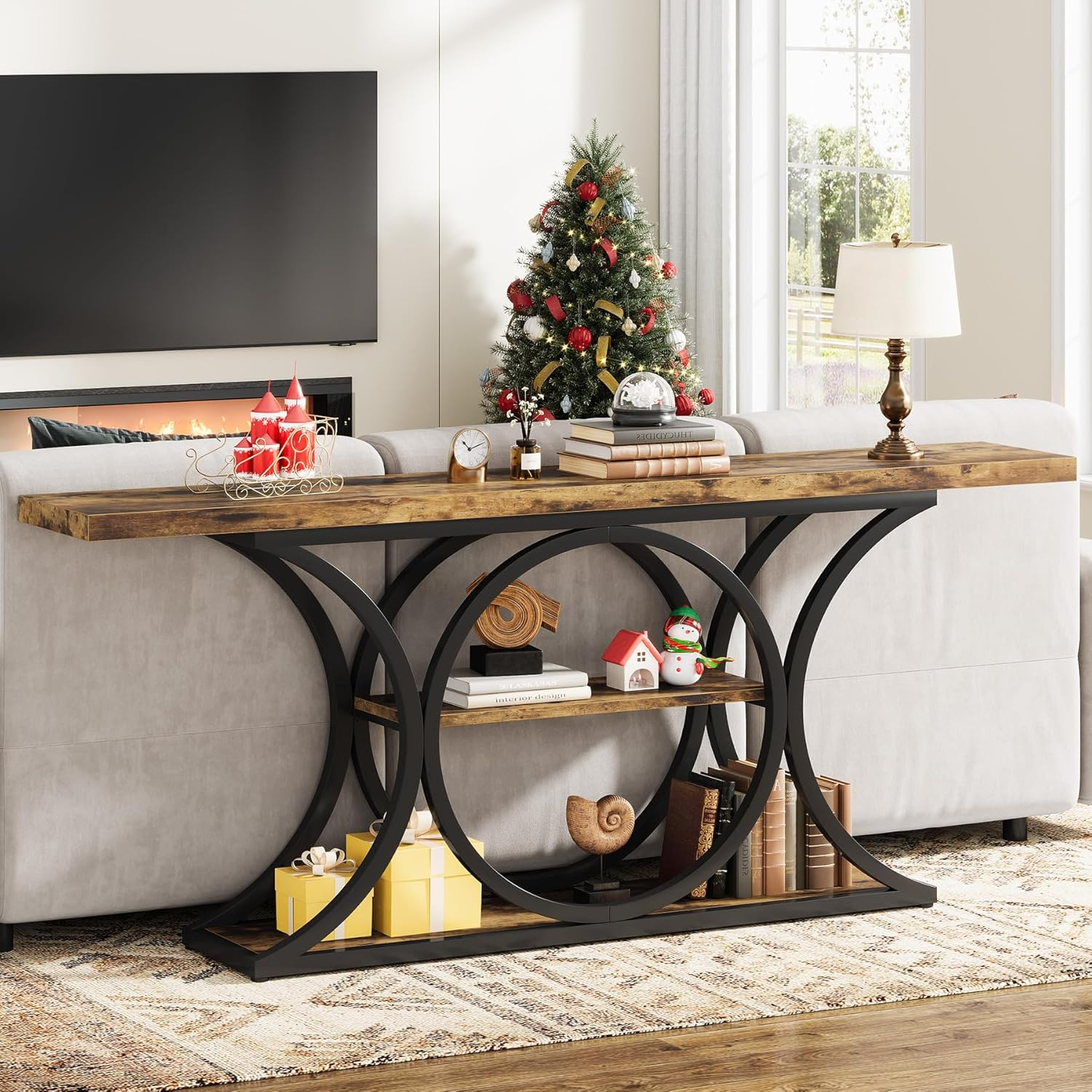 63 Inch Rustic Brown and Black Wood Metal Console Table with Storage