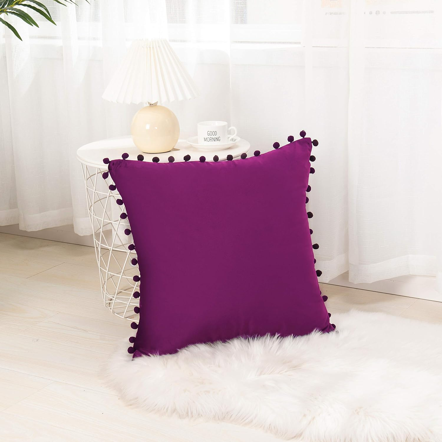 Elegant Comfort POM-POMS Fringe Velvet Cushion Covers Set of 2, Velvet Soft Solid Decorative Square Throw Pillow Covers Set Cushion Case for Couch Bed, Livingroom 18 x 18 Inch (45 x 45 cm), Purple