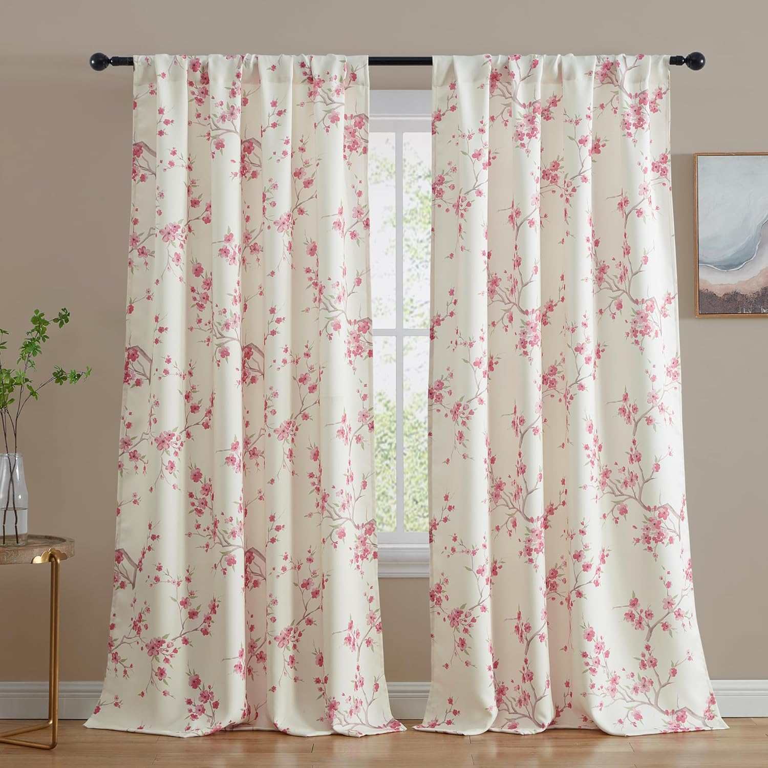 THD Yasmine Floral Room Darkening Rod Pocket Light Filtering Curtain Panels - Set of 2