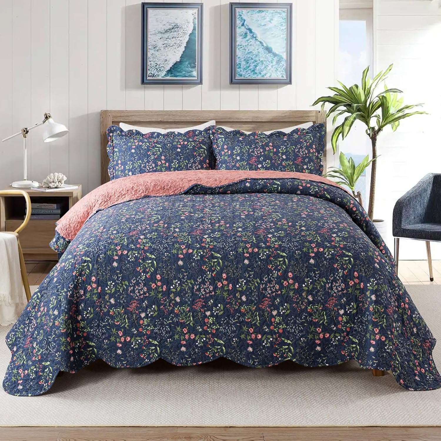 Travan 3-Piece Quilt Set Quilted Bedspread Lightweight Coverlet Set Garden Style Floral Printed Oversized Quilted Bedding Set with Shams for All Season, Flower Sea, Queen Size
